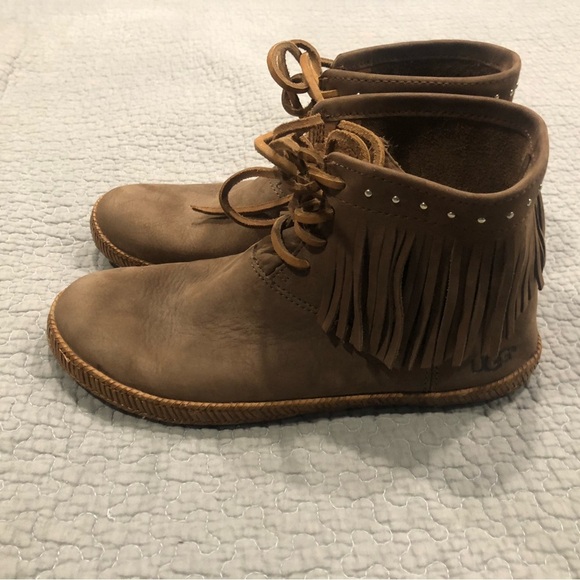 UGG ALEXIA DARK CHESTNUT NUBUCK LEATHER FRINGE STUDDED MOCCASIN ANKLE BOOTS SZ 6 - Picture 6 of 9